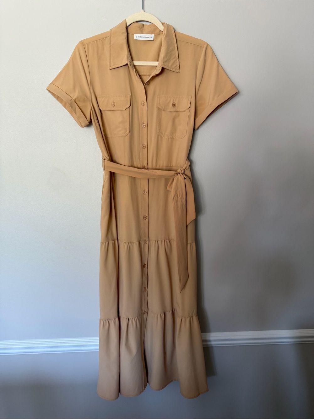 Lucky Brand Light Tan Maxi Shirt Dress with Waist Tie